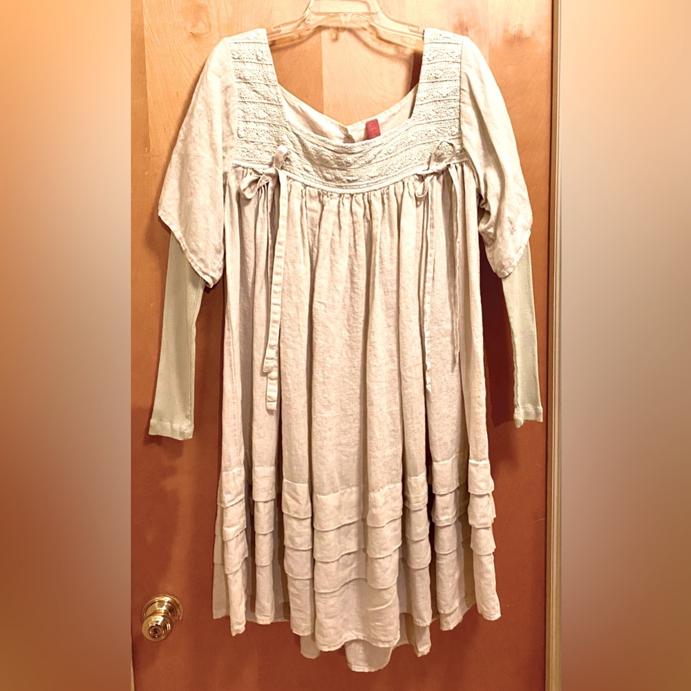 Ewa i Walla Vintage 100% Linen Ivory Dress w Beautiful Lace